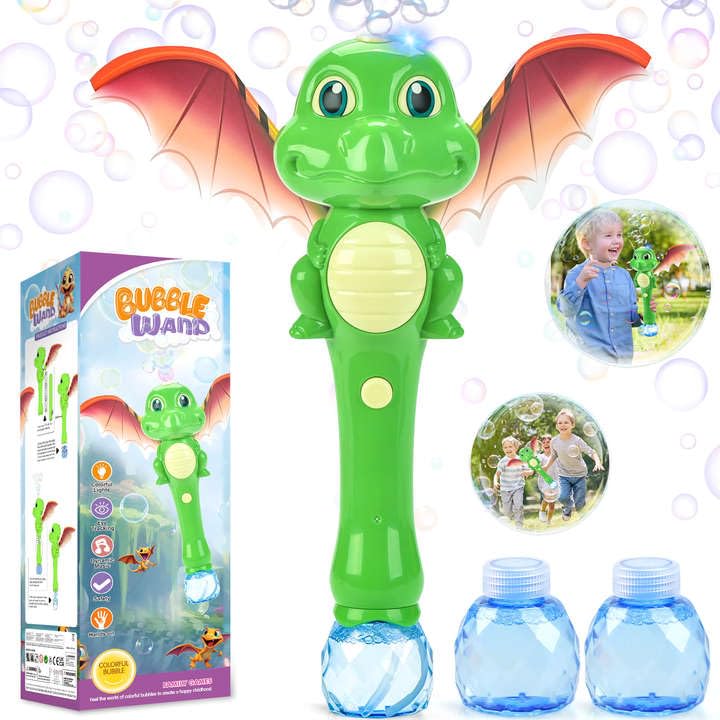 Chridark Dinosaur Bubble Wand in action delivering vivid bubbles for imaginative outdoor play