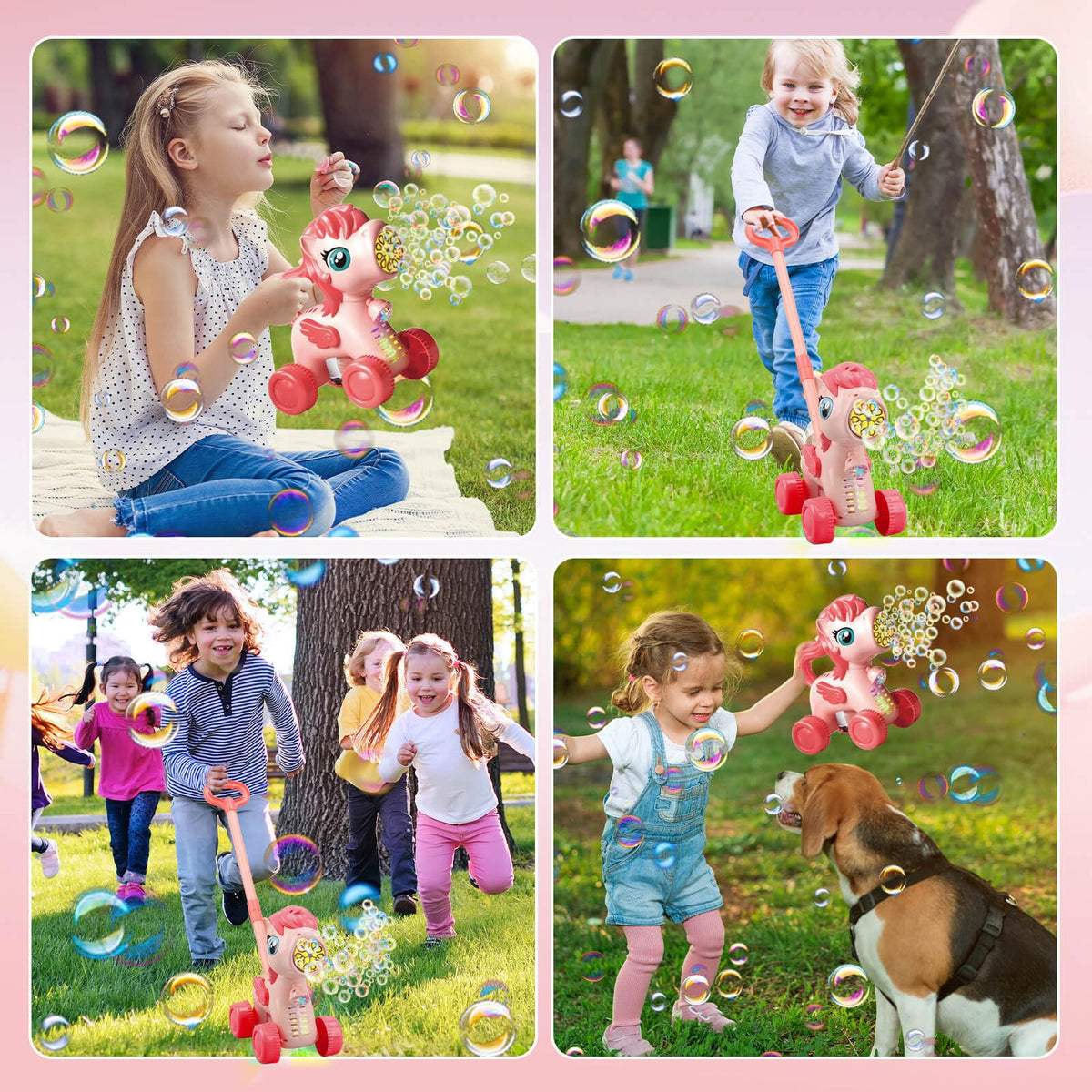 Chridark Unicorn Bubble Mower in push mode for active play
