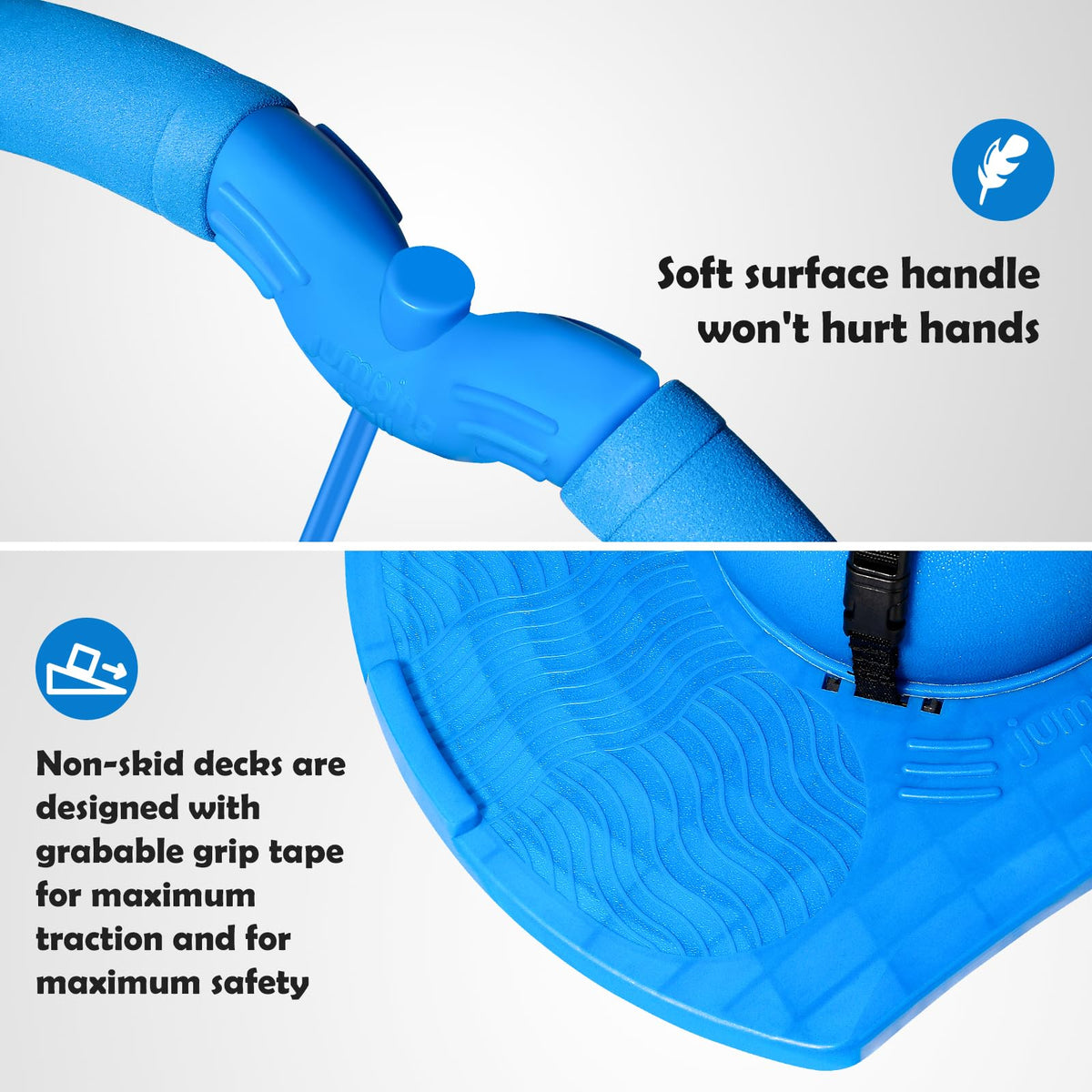 Christoy pogo board blue with non-slip grip tape for safety.