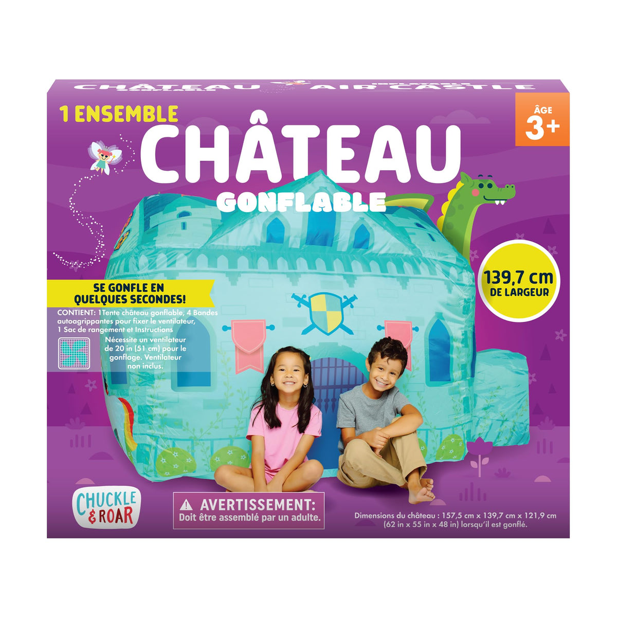 Chuckle & Roar box fan inflates the castle for instant playtime.