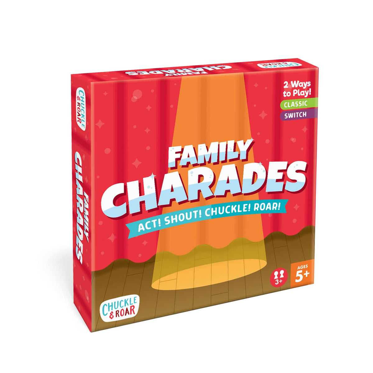 Chuckle & Roar Classic Charades box shown with components for quick family setup