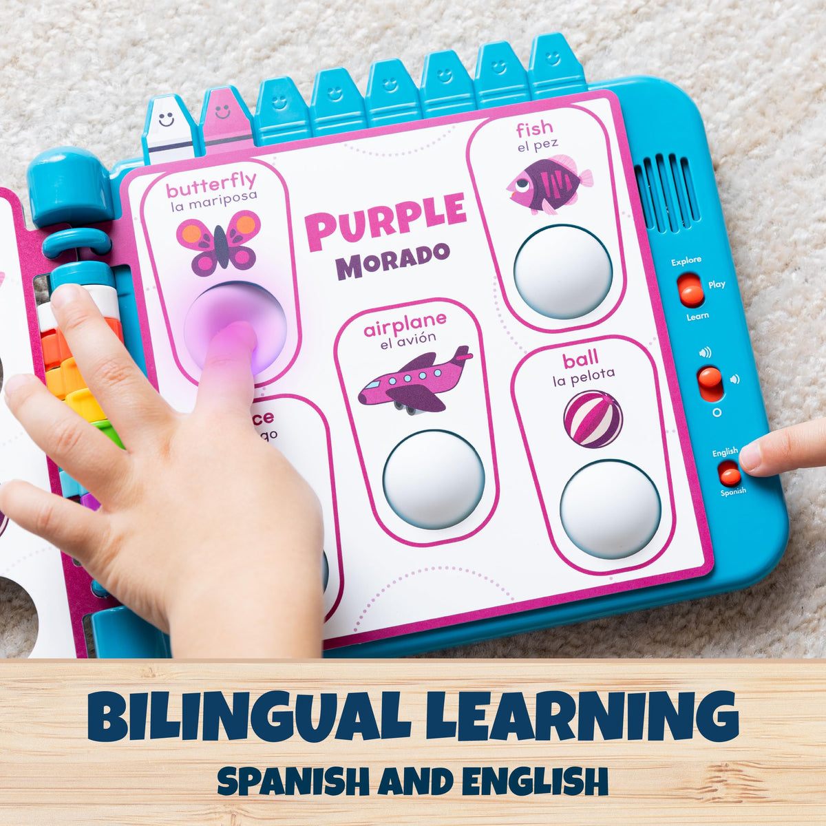 Chuckle & Roar Pop It! Book bilingual prompts support English and Spanish.