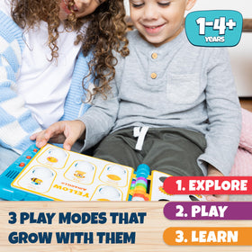 Chuckle & Roar Pop It! Book Learn mode page with friendly questions.