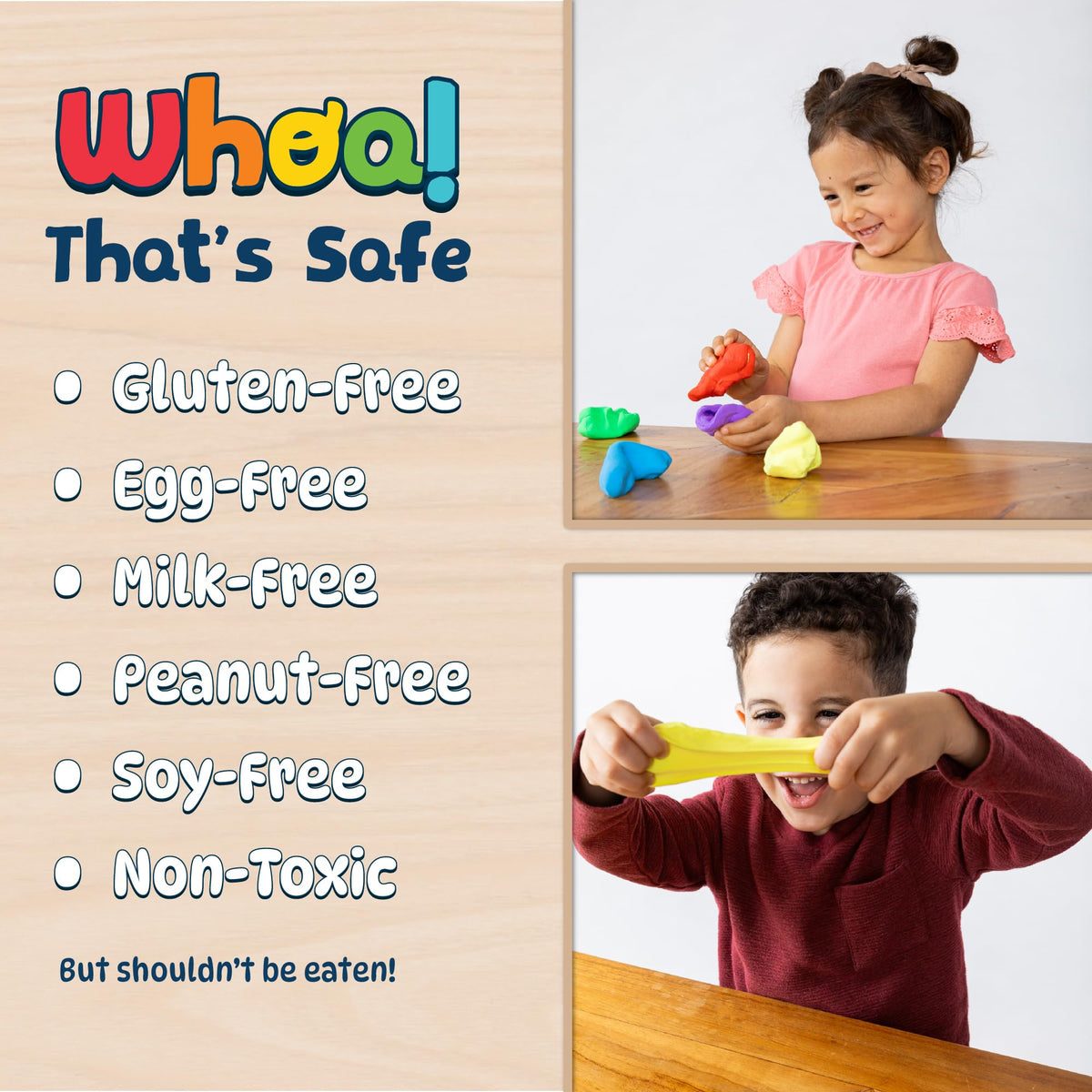 Kids ages 3+ enjoy safe, hands-on sensory play with Whoa Dough.