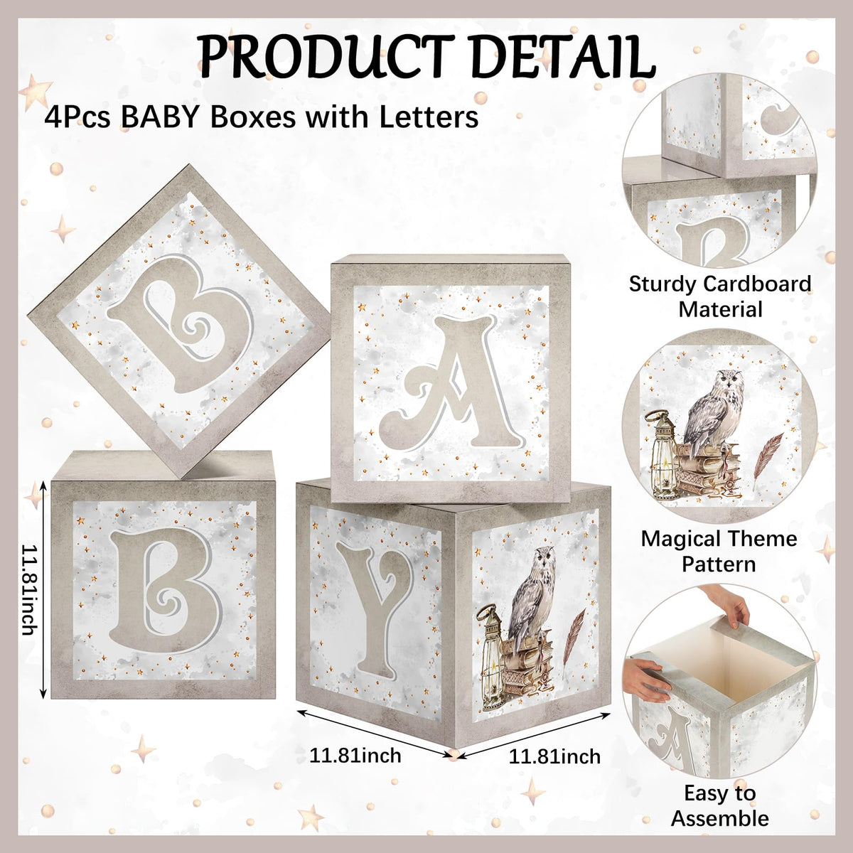 Chunful baby shower boxes with letters spelling BABY provide a festive centerpiece.