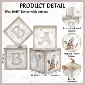 Chunful baby shower boxes with letters spelling BABY provide a festive centerpiece.