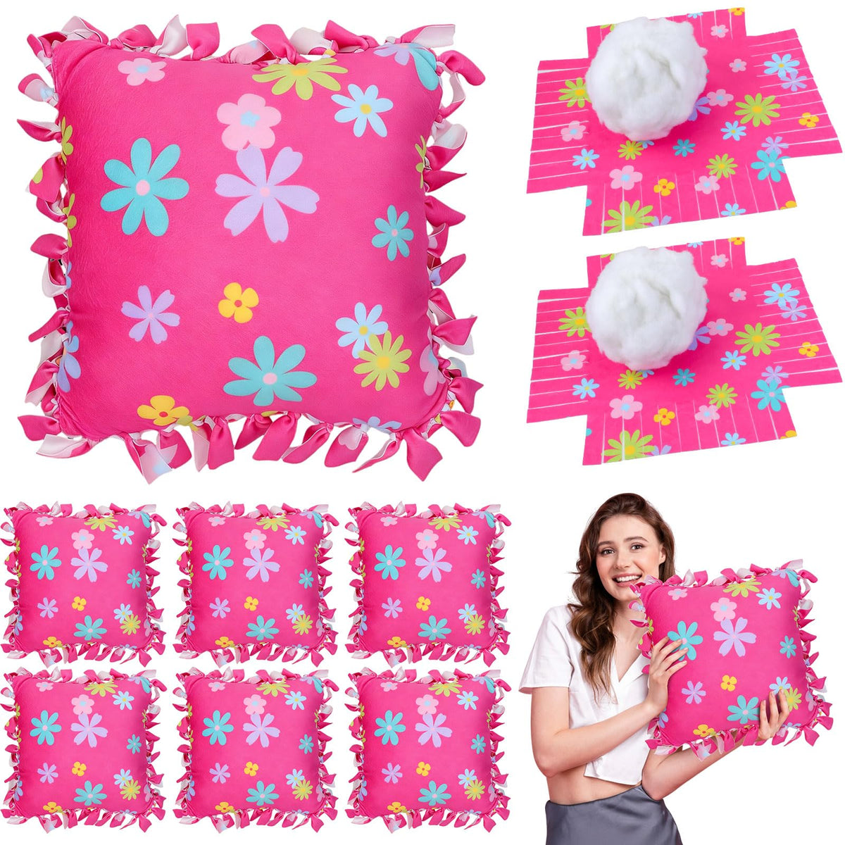 Chunful flower tied pillow kit showing six pink pillows for cozy home decor.