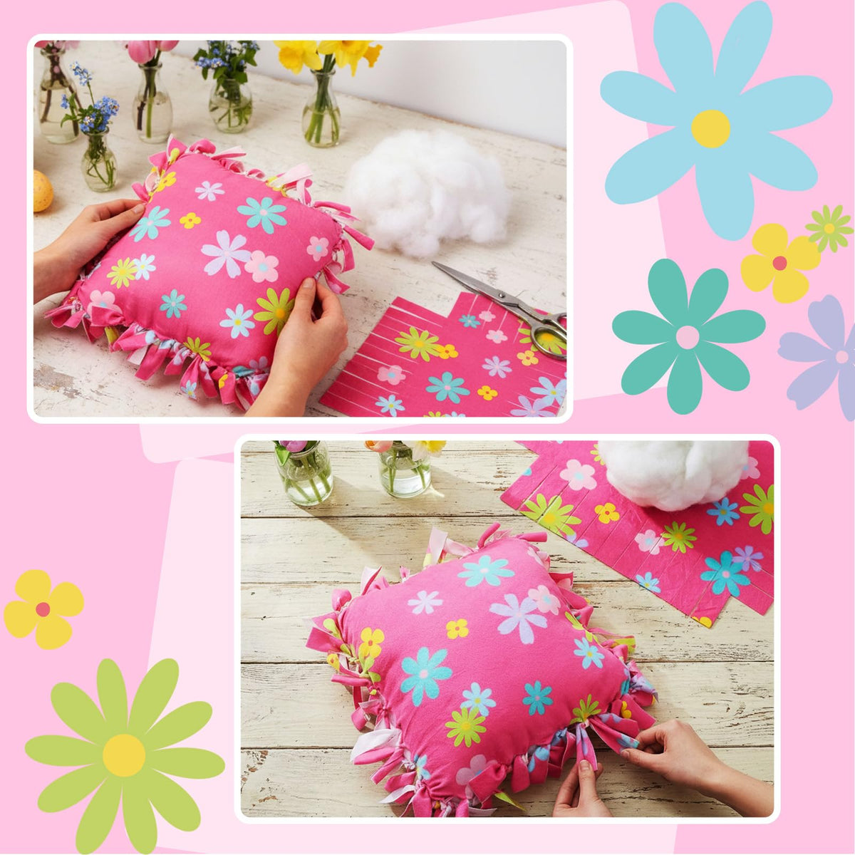 Chunful pink flower pillow project demonstrates no sewing required for family crafts.