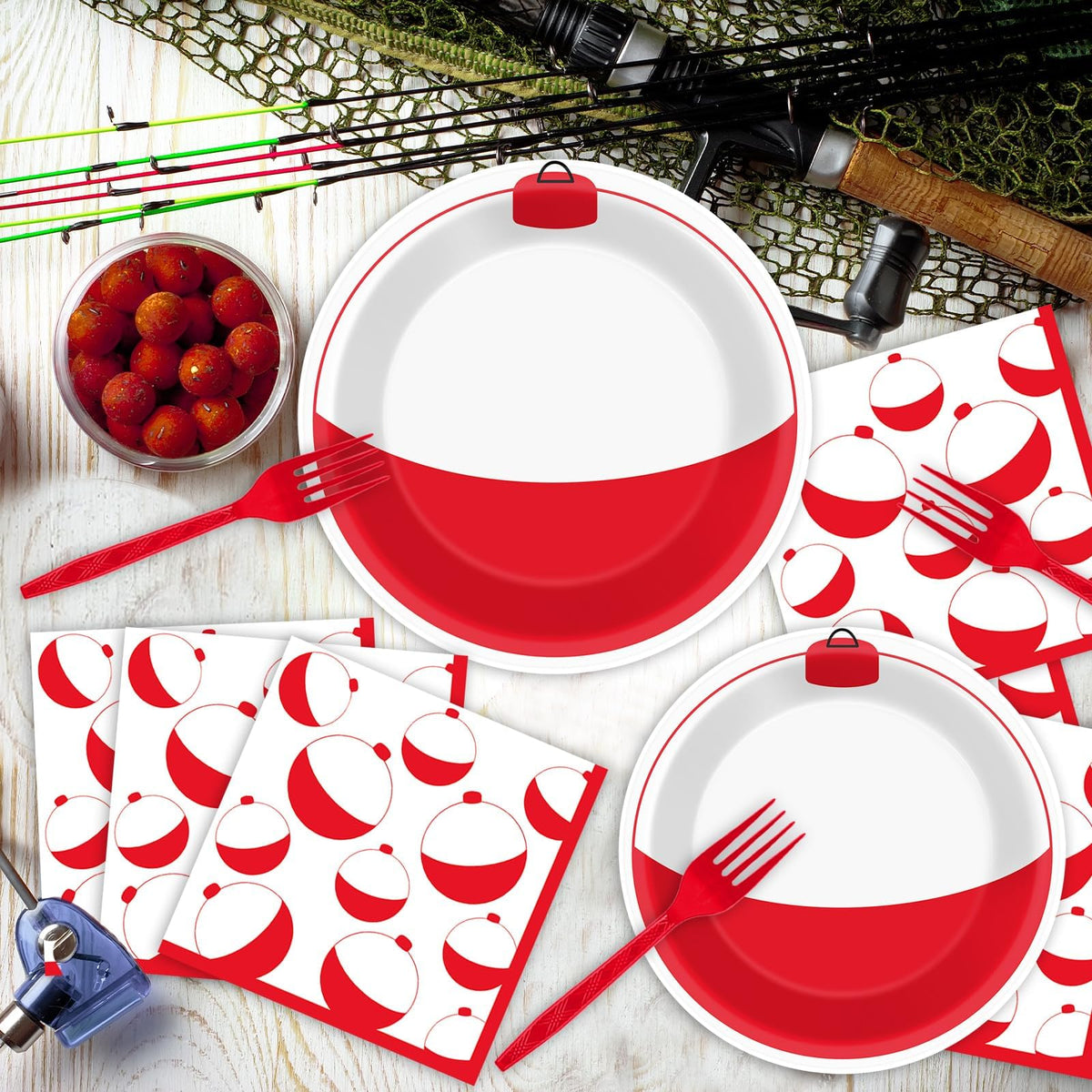 CHUNNIN Gone Fishing red forks complement the theme and ease serving
