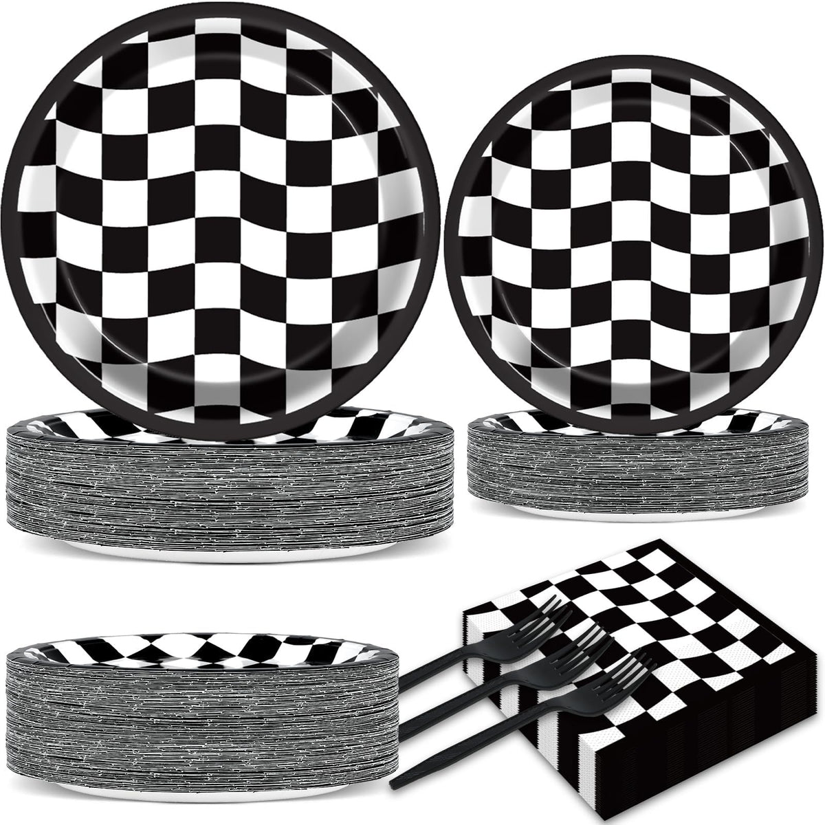 CHUNNIN race car plates highlight bold checkered pattern for quick party setup.