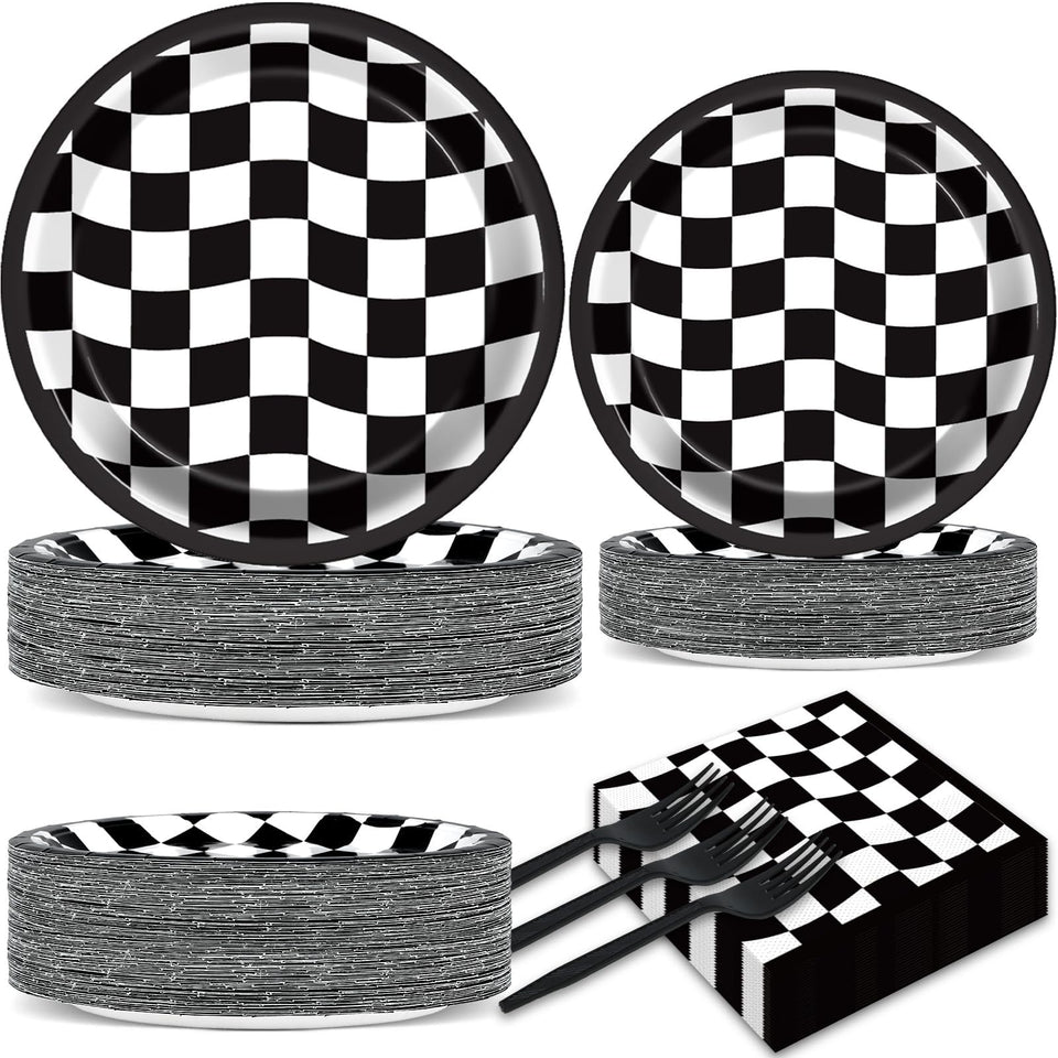 CHUNNIN race car plates highlight bold checkered pattern for quick party setup.