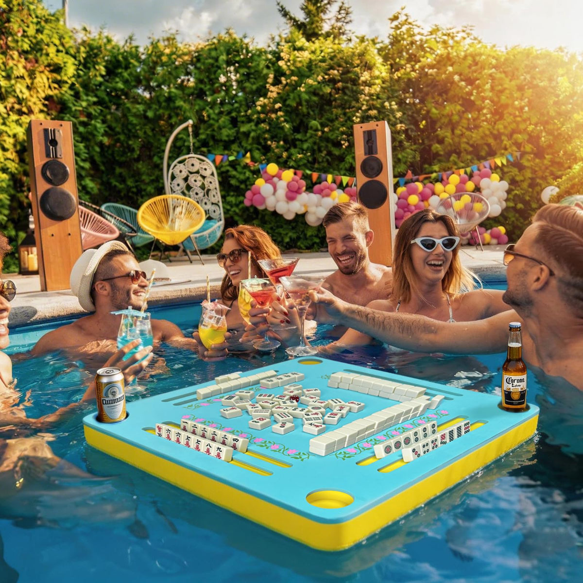 Chyinbzz blue-yellow floral design adds stylish focal point to water parties.