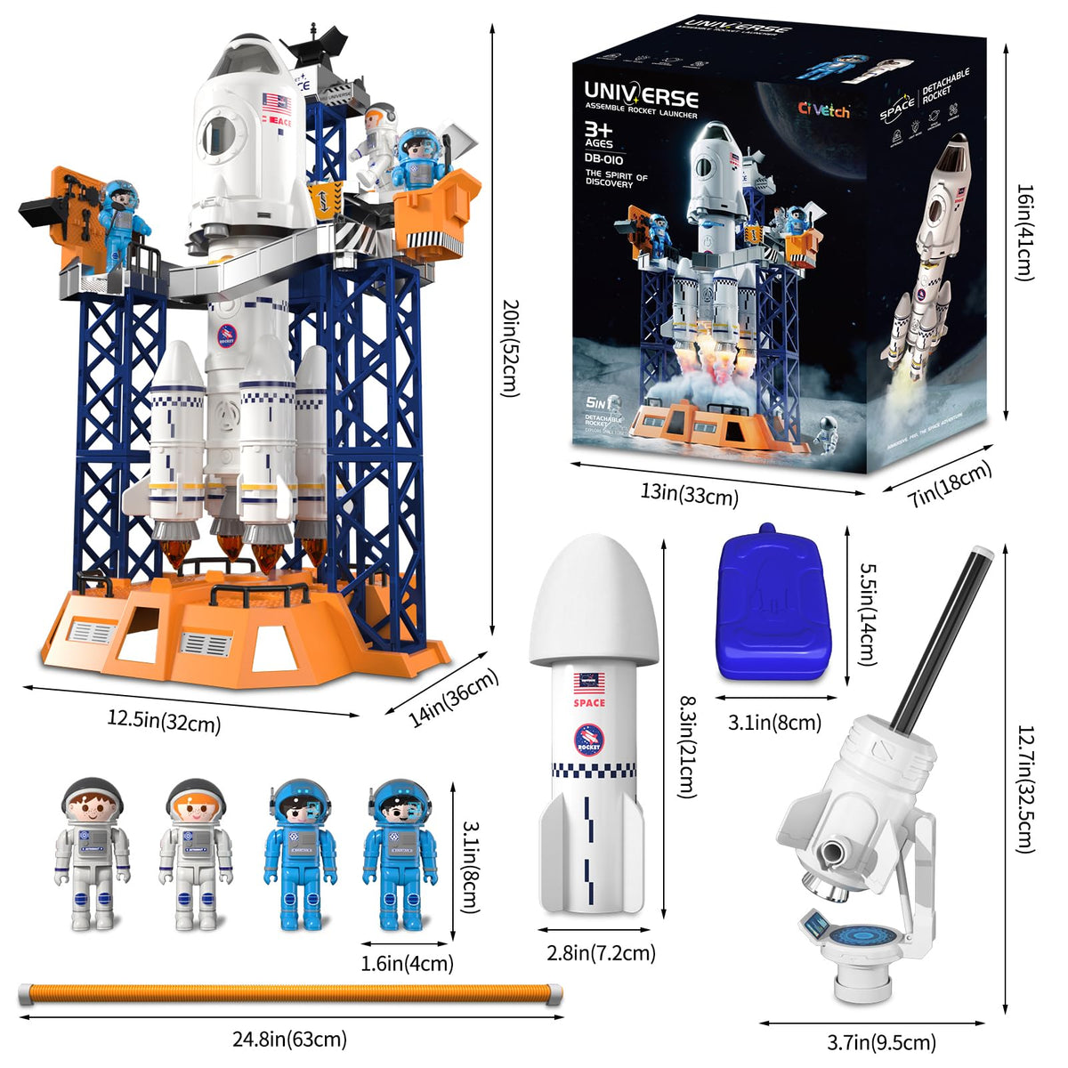 Ci Vetch rocket launcher toy satellite and booster for space-themed scenes.
