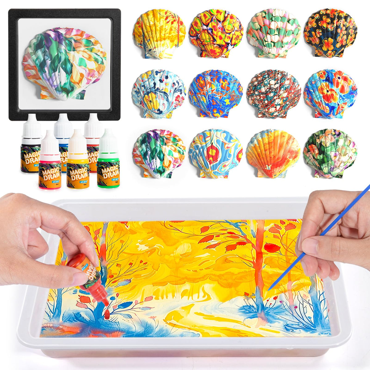 Ci Vetch water marbling kit setup showing desk layout for kids' art time and classroom projects