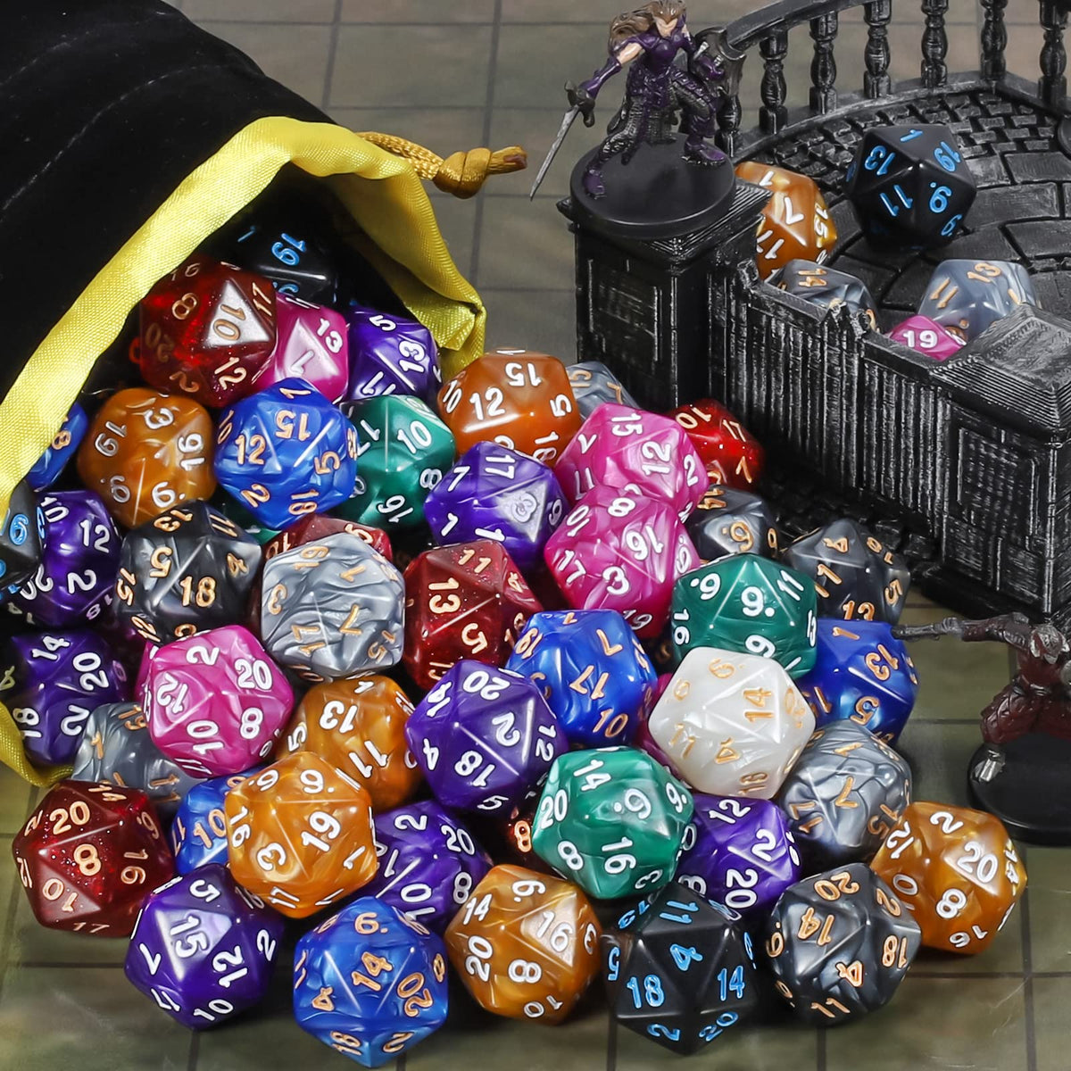 CiaraQ close-up of acrylic D20 dice showing color variety
