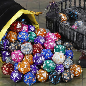 CiaraQ close-up of acrylic D20 dice showing color variety