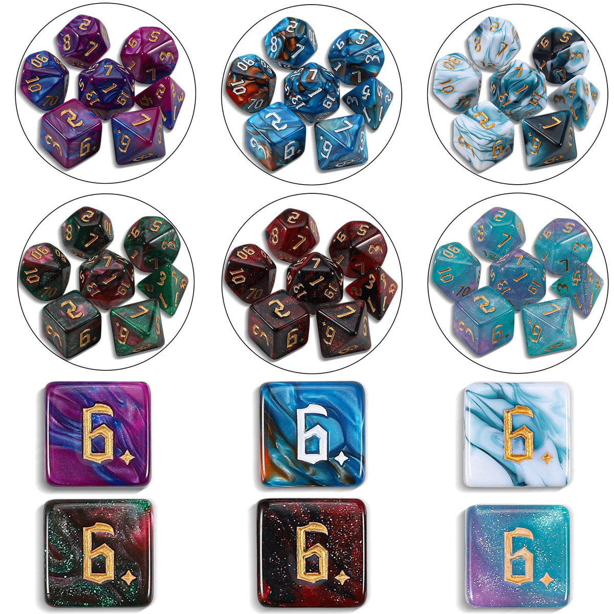 Ciaraq DND Dice Set 26x7 d12 closeup emphasizes durable acrylic and vivid colors.