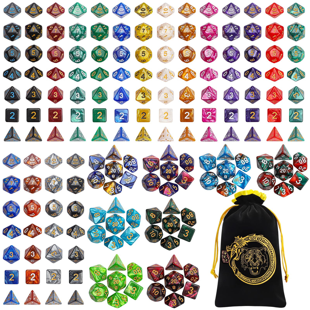 CiaraQ DND dice display shows 182 pieces with a large drawstring bag for RPG setup.
