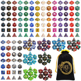CiaraQ DND dice display shows 182 pieces with a large drawstring bag for RPG setup.