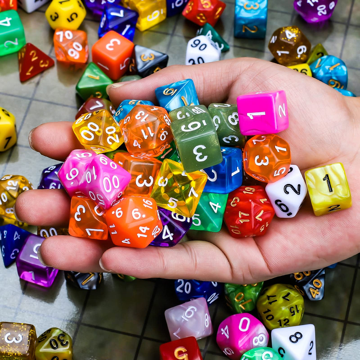 CiaraQ polyhedral dice artwork showcasing vibrant color variation.