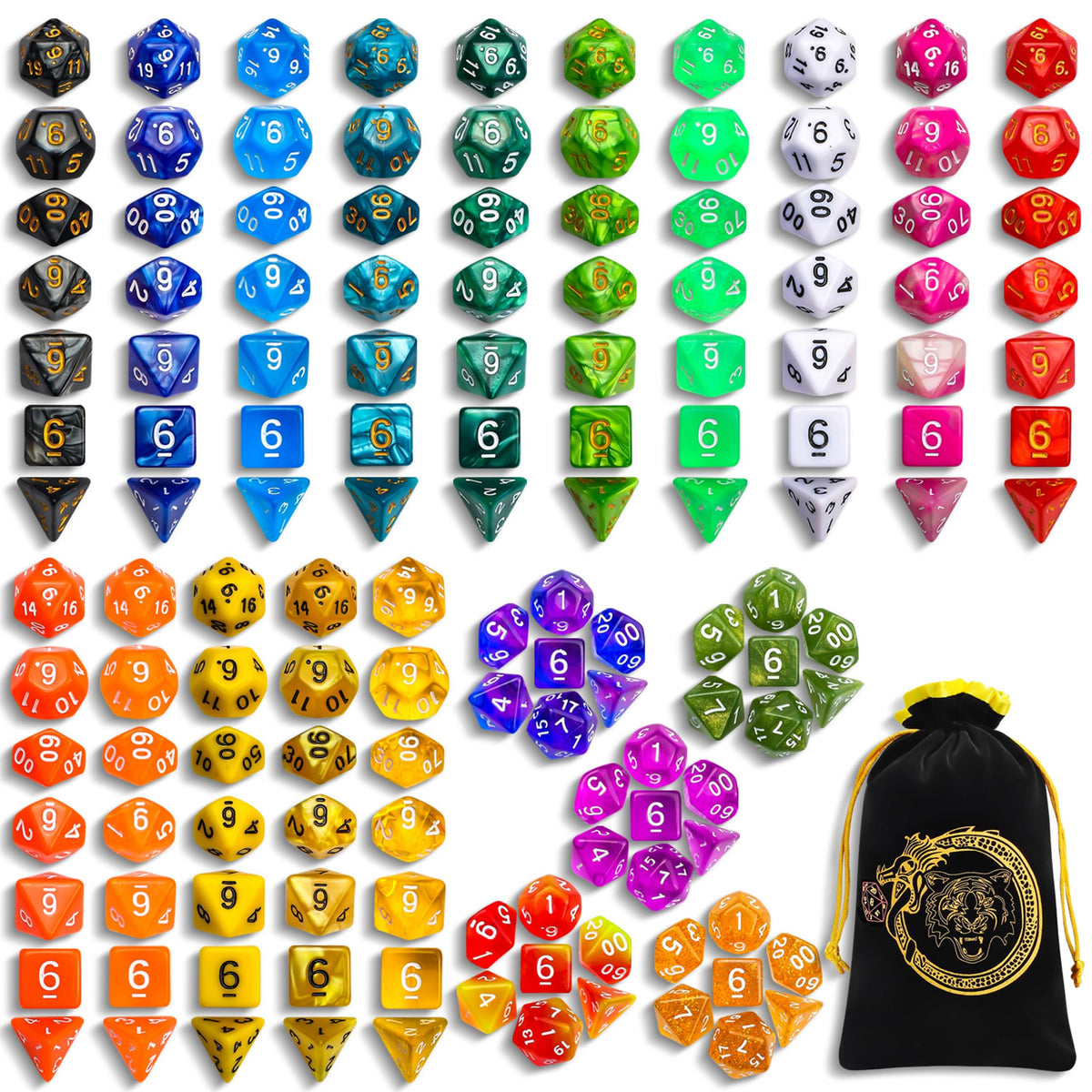 CiaraQ polyhedral dice set in mixed colors for immersive RPG sessions.