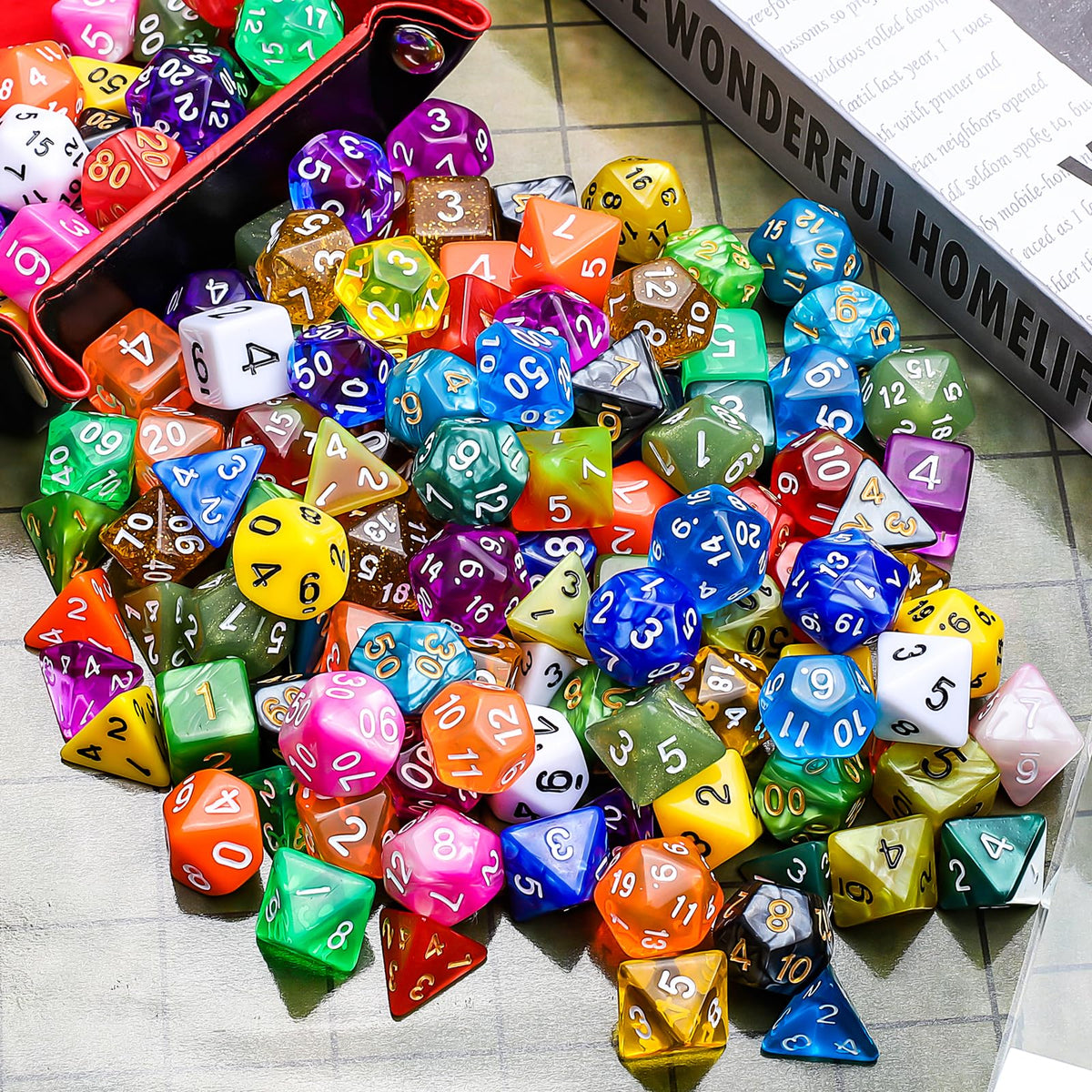 CiaraQ tabletop gaming scene featuring RPG dice on the table.