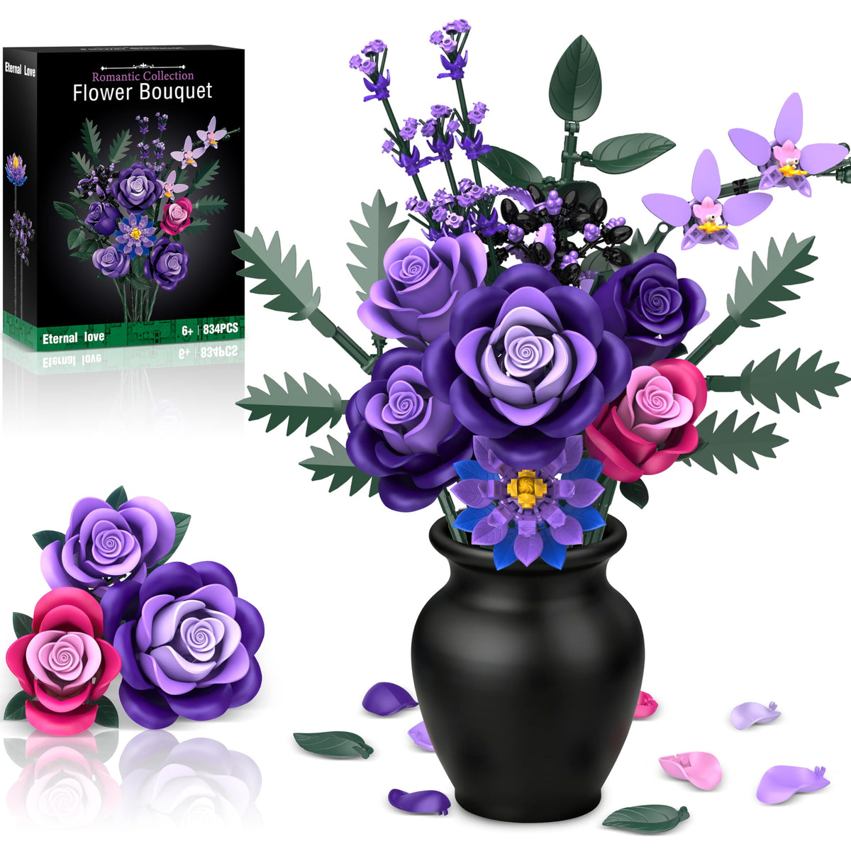 Ciesa purple roses bouquet assembly demonstrates lifelike petals for realistic home decor.