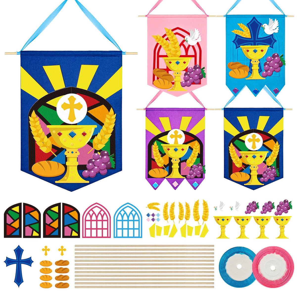 Cinrobiye banner cards with crosses and chalices for First Communion decor