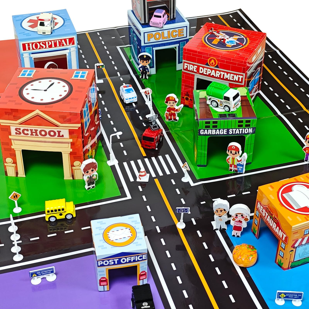Cinrobiye city play mat creates a bright urban setting for storytelling and exploration.