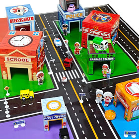 Cinrobiye city play mat creates a bright urban setting for storytelling and exploration.