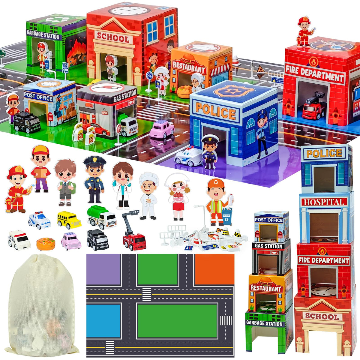 Cinrobiye community helpers nesting boxes illustrate city buildings for imaginative play and learning.