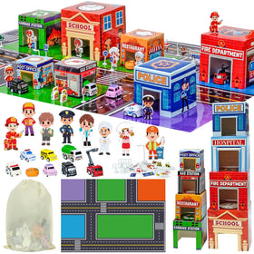 Cinrobiye community helpers nesting boxes illustrate city buildings for imaginative play and learning.