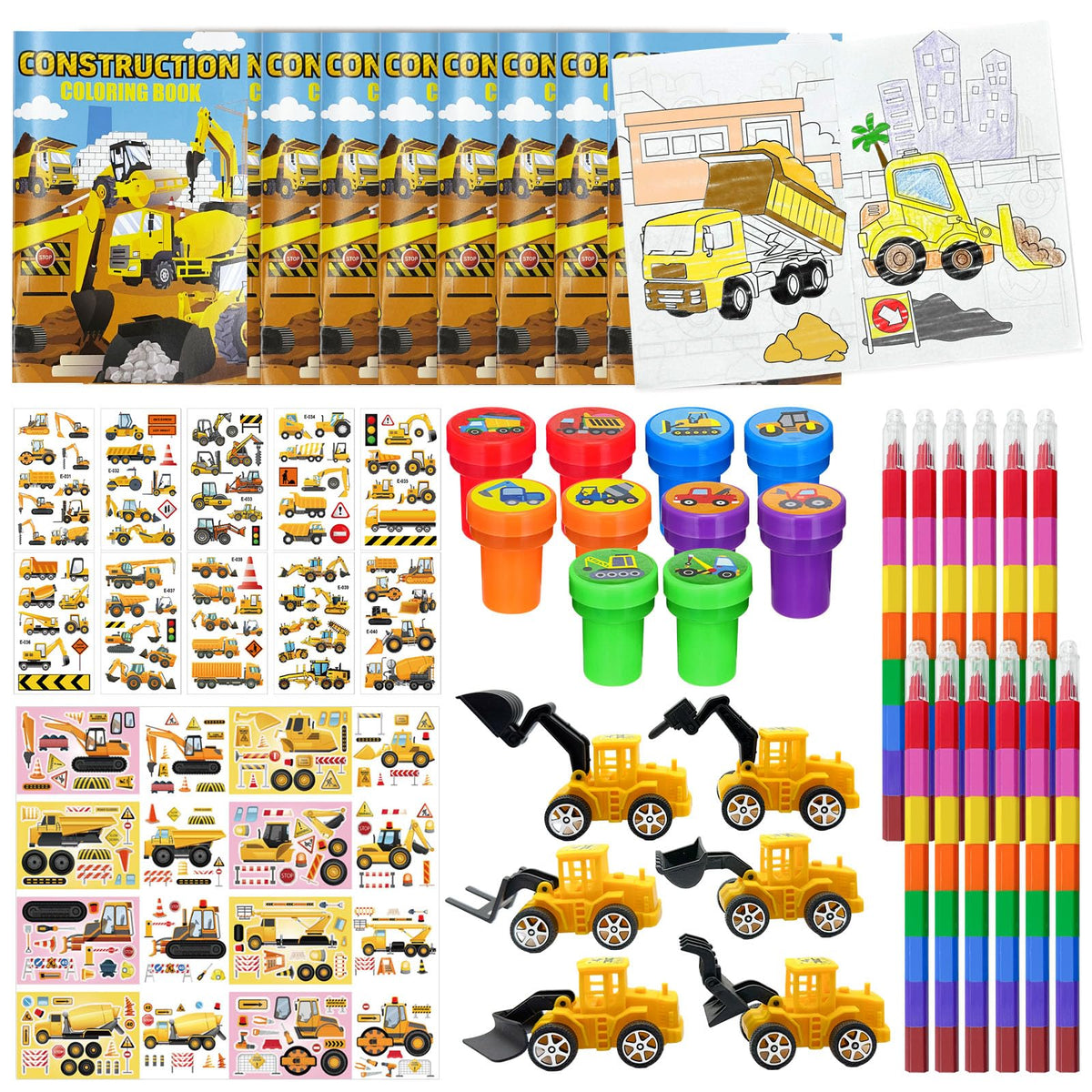 Cinrobiye construction coloring books with truck scenes provide engaging party activities.