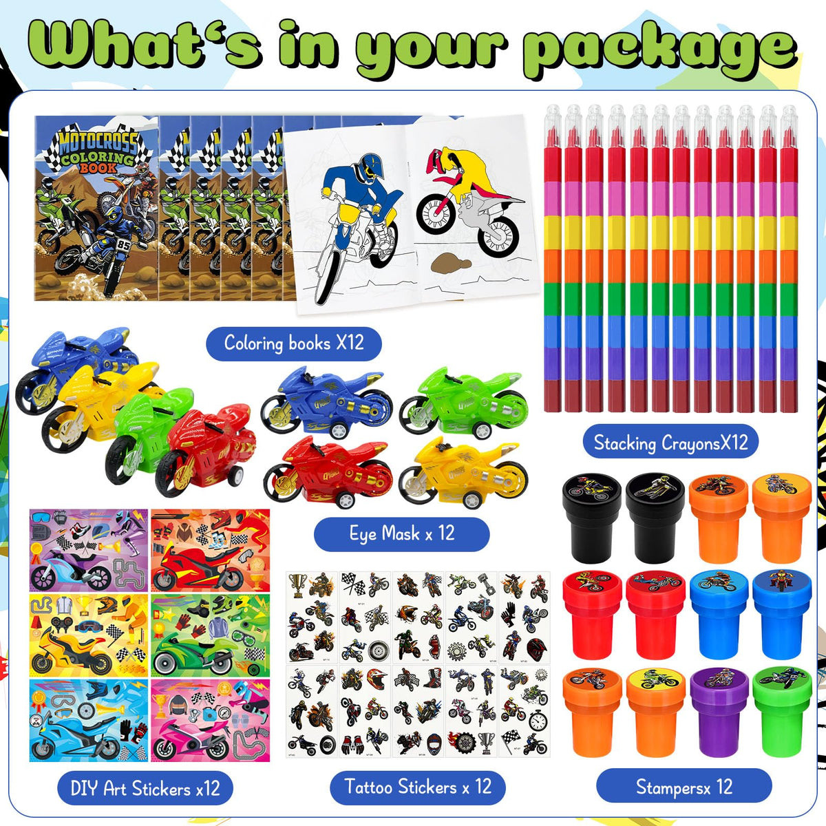 Cinrobiye dirt bike coloring books display vibrant motocross designs for active party activities.