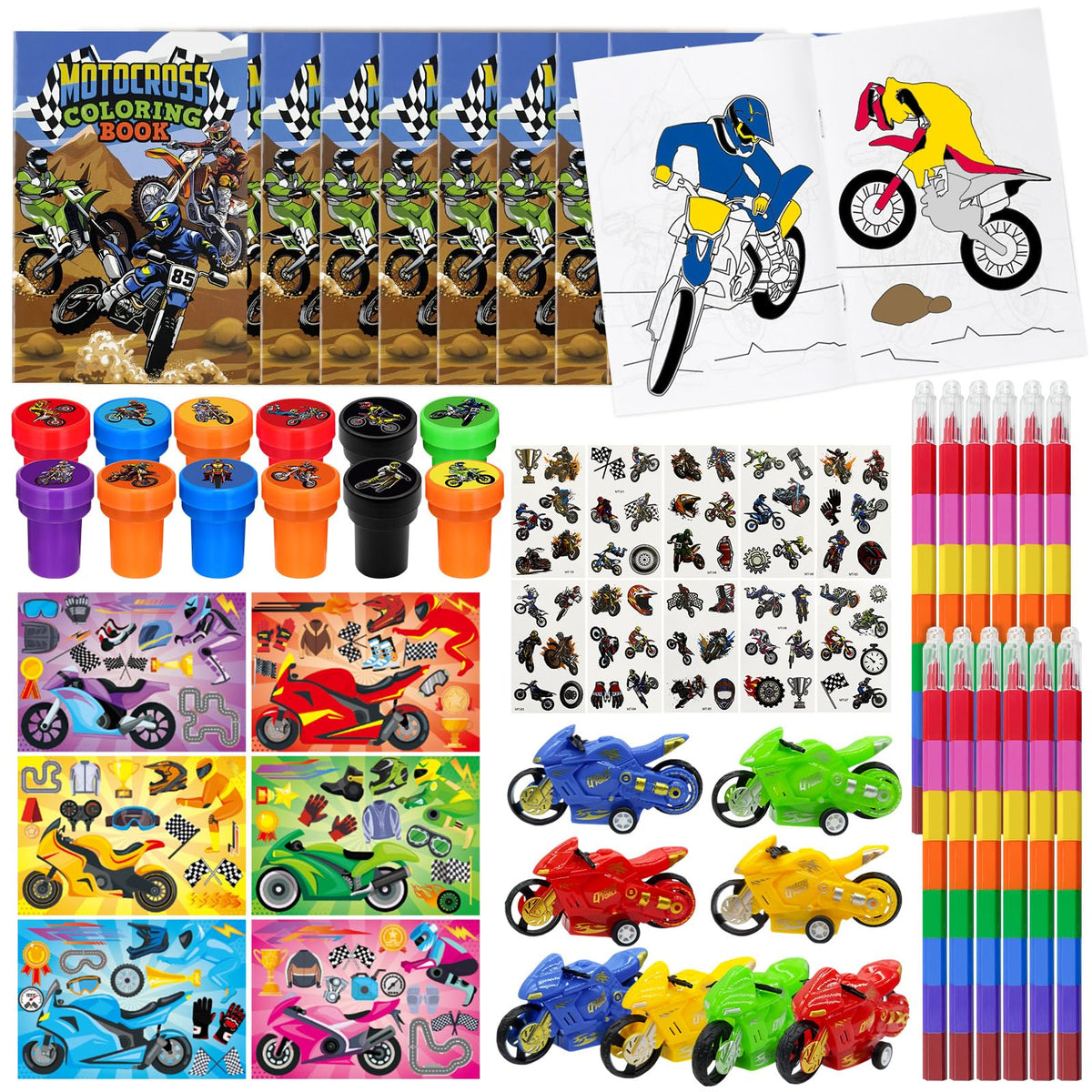Cinrobiye Dirt Bike Party Coloring Set packaging showing all contents for race-themed party favors.