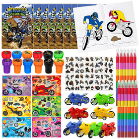 Cinrobiye Dirt Bike Party Coloring Set packaging showing all contents for race-themed party favors.
