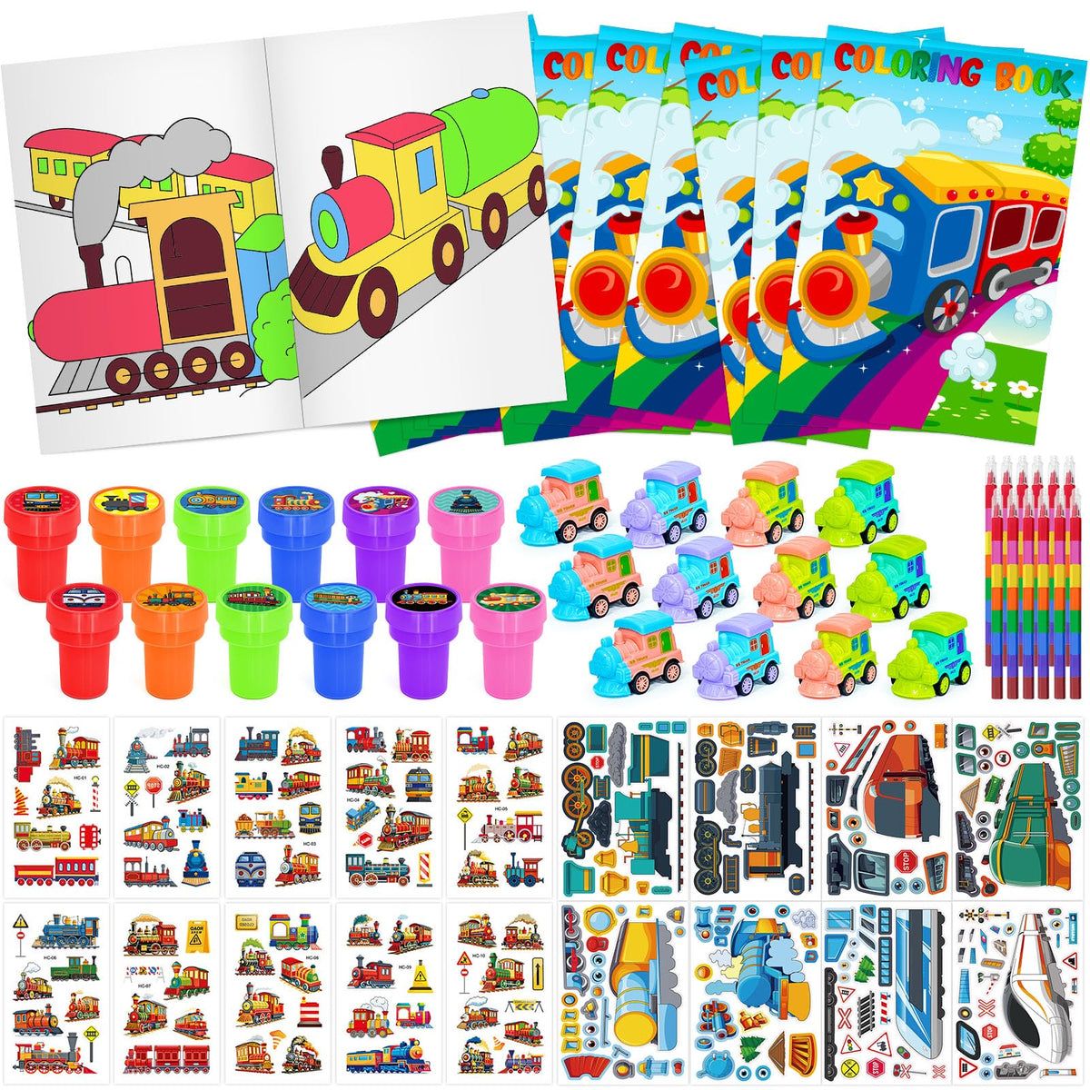 Cinrobiye train coloring books showcase locomotive scenes, sparking creative coloring sessions at celebrations.