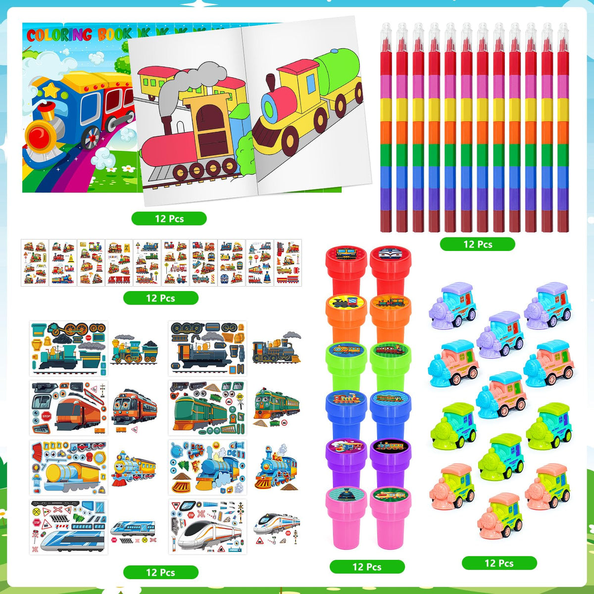 Cinrobiye train stamps add playful patterns to cards and activity sheets.