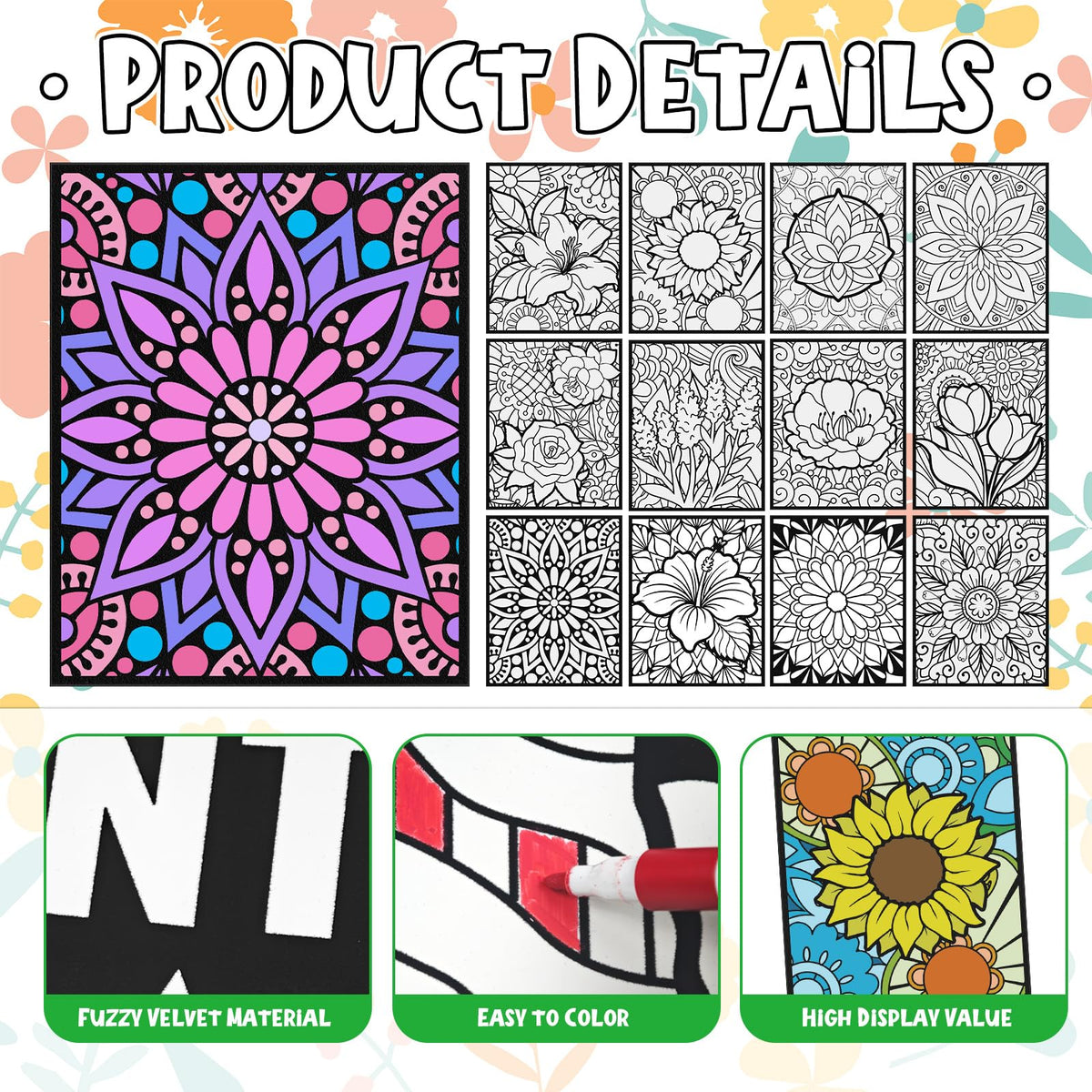 Cinrobiye velvet coloring posters highlight detailed petals for precise shading and vibrant results.
