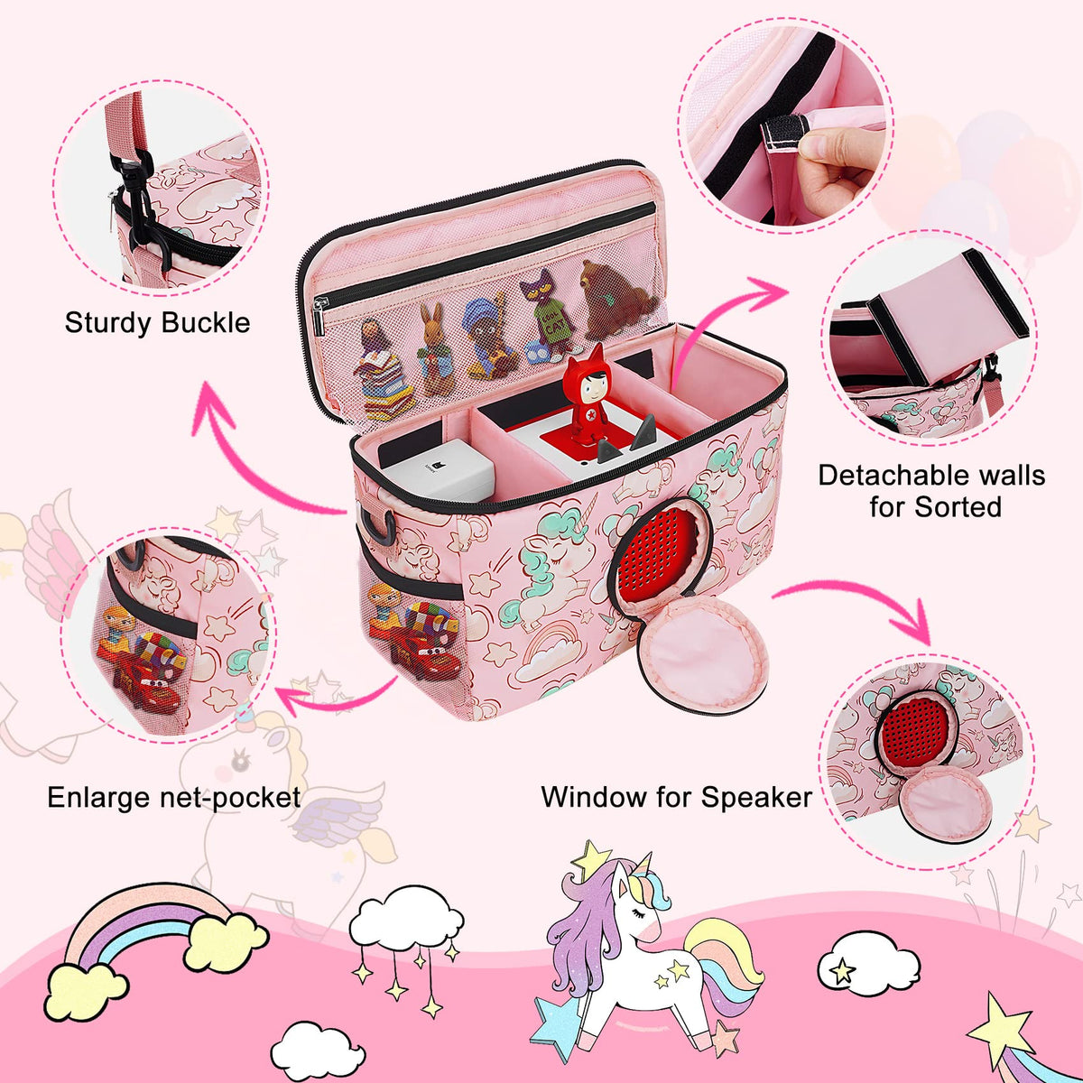 Ciseret case with adjustable strap provides comfortable carrying for busy families.