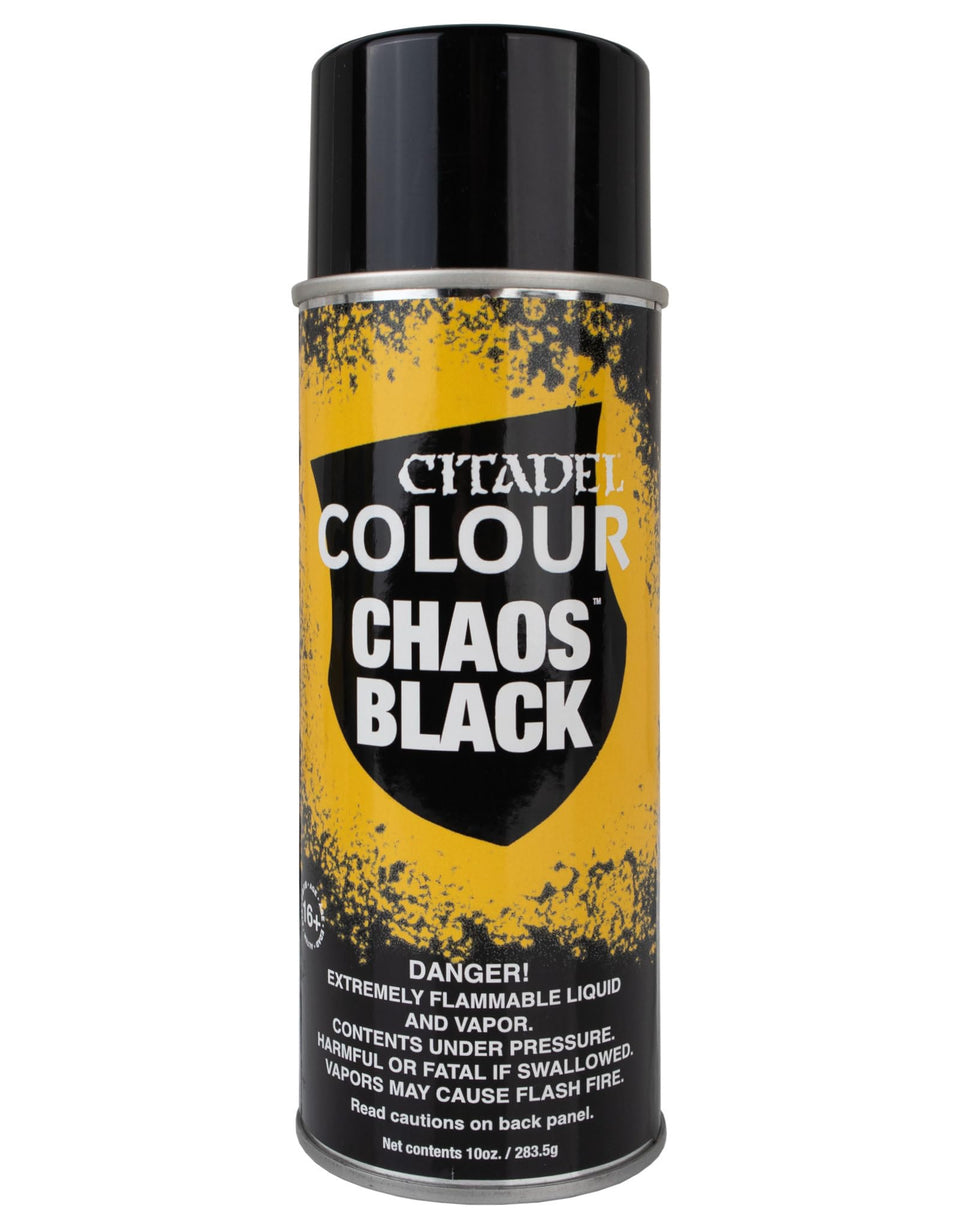 Citadel Chaos Black spray paint can for priming miniatures with even coverage.