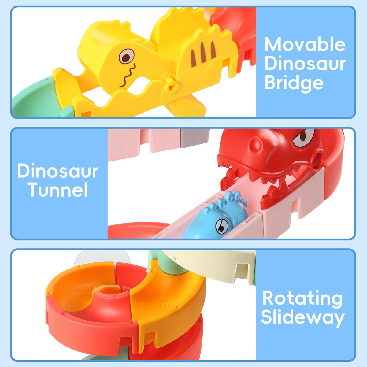 CIUGEO sliding dinosaur car on colorful bath track for fast, fun descents