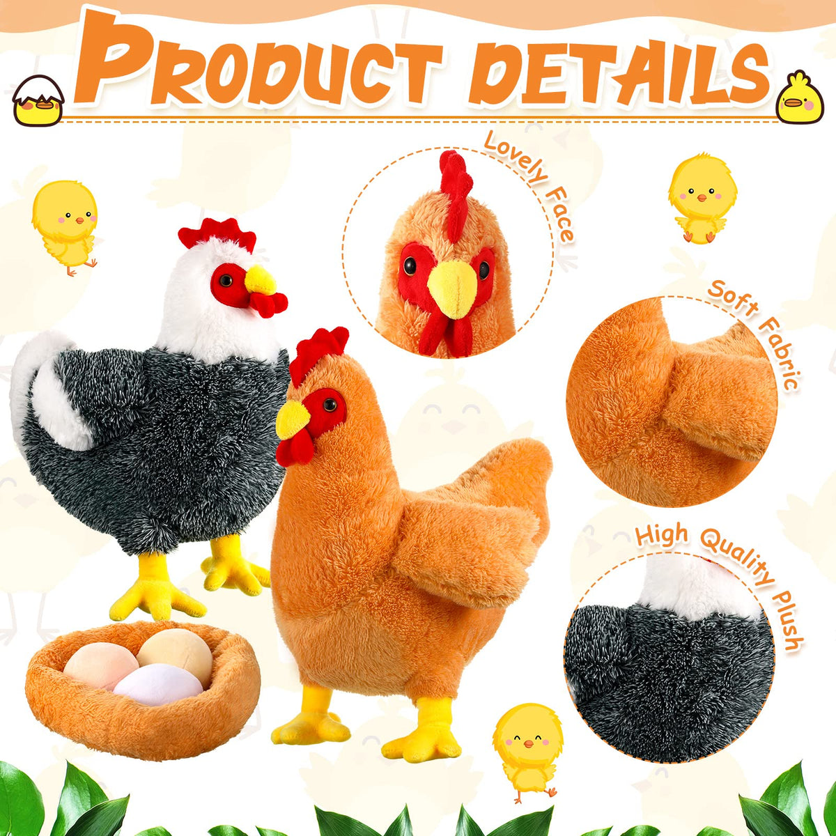 Civaner nest and eggs with chicken plush set for lifelike farm ambiance.