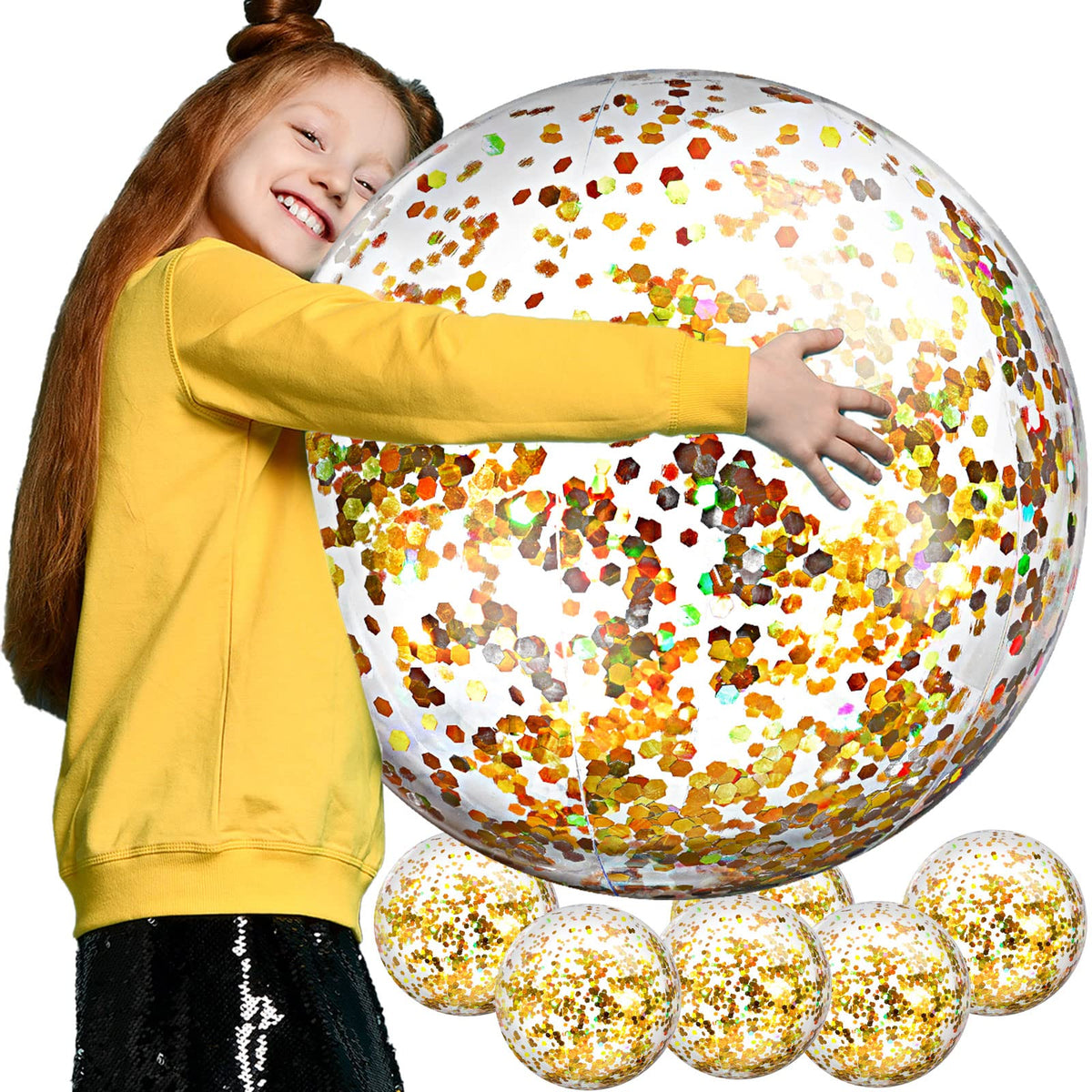 Civaner Summer Gold inflatable glitter ball shines in sunlight, ideal for pool parties.