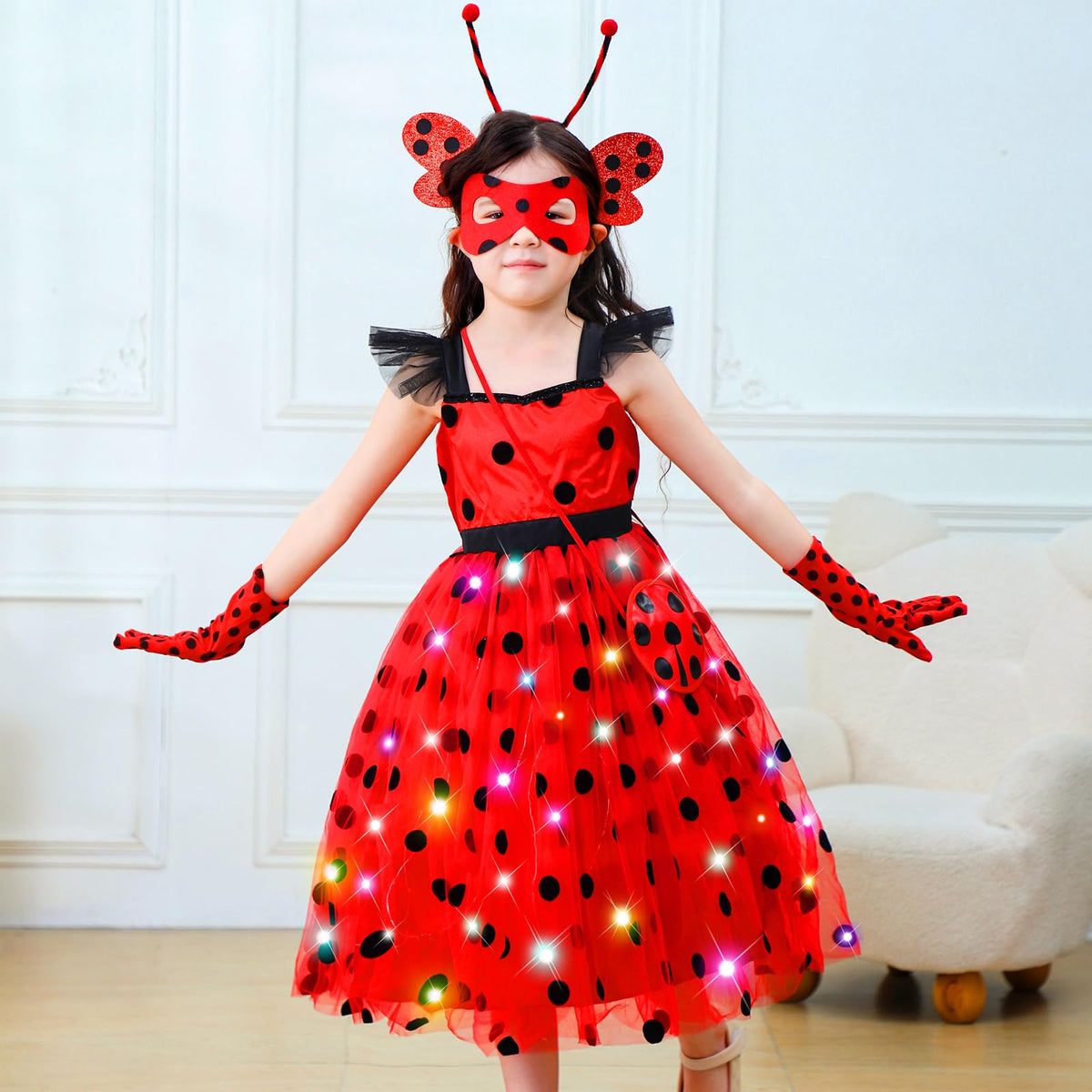 CIYTI girls light-up ladybug dress back view with bright accents for nighttime events.