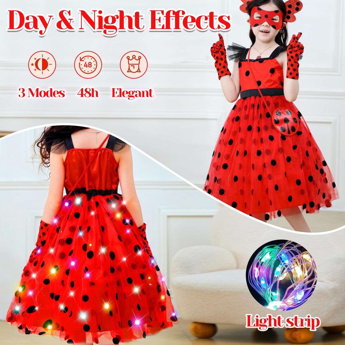 CIYTI girls light-up ladybug dress packaging with handy care notes.