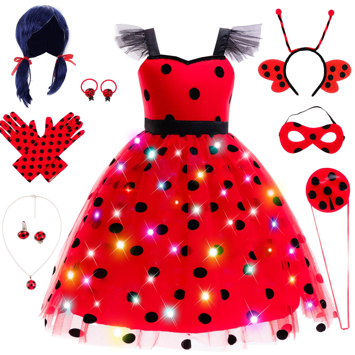 CIYTI Ladybug light-up dress, front view glowing brightly for Halloween fun