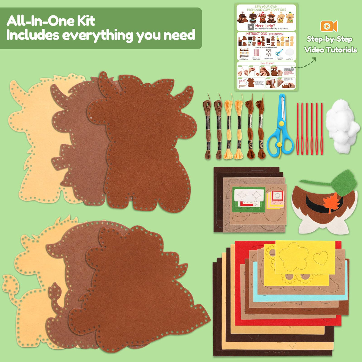 CiyvoLyeen Highland Cow Sewing Kit safety scissors protect little hands during cutting.