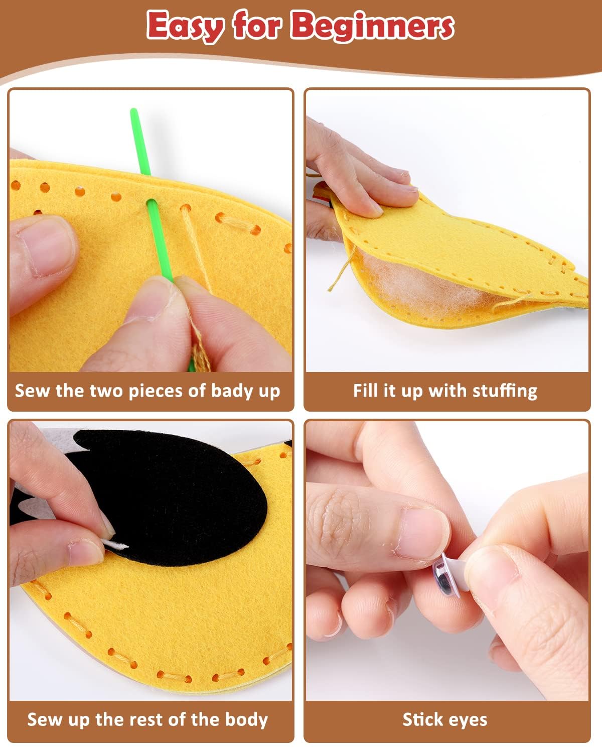 CiyvoLyeen kit contents: felt pieces, thread, needles, and stuffing for kids crafts.