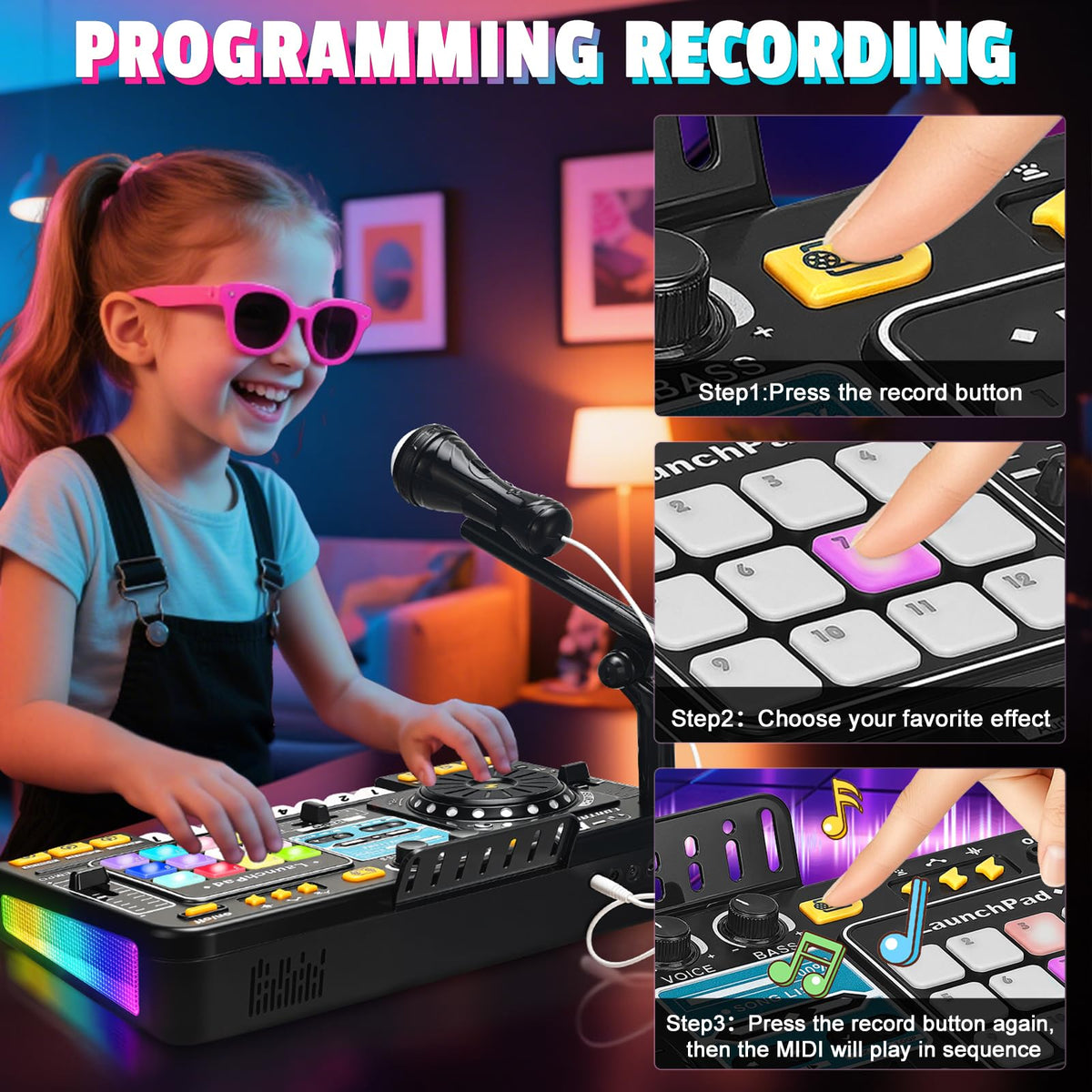 CL FUN DJ Mixer includes microphone for pretend singing.
